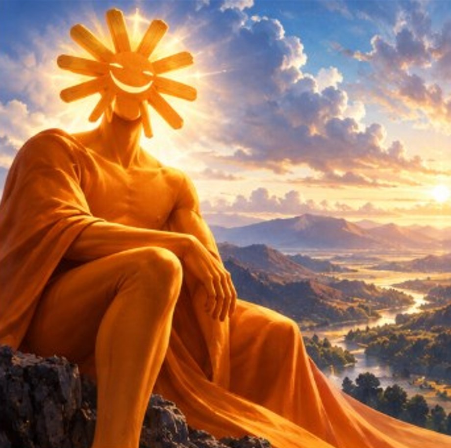 FRONTIER figure sitting on a mountain overlooking a valley