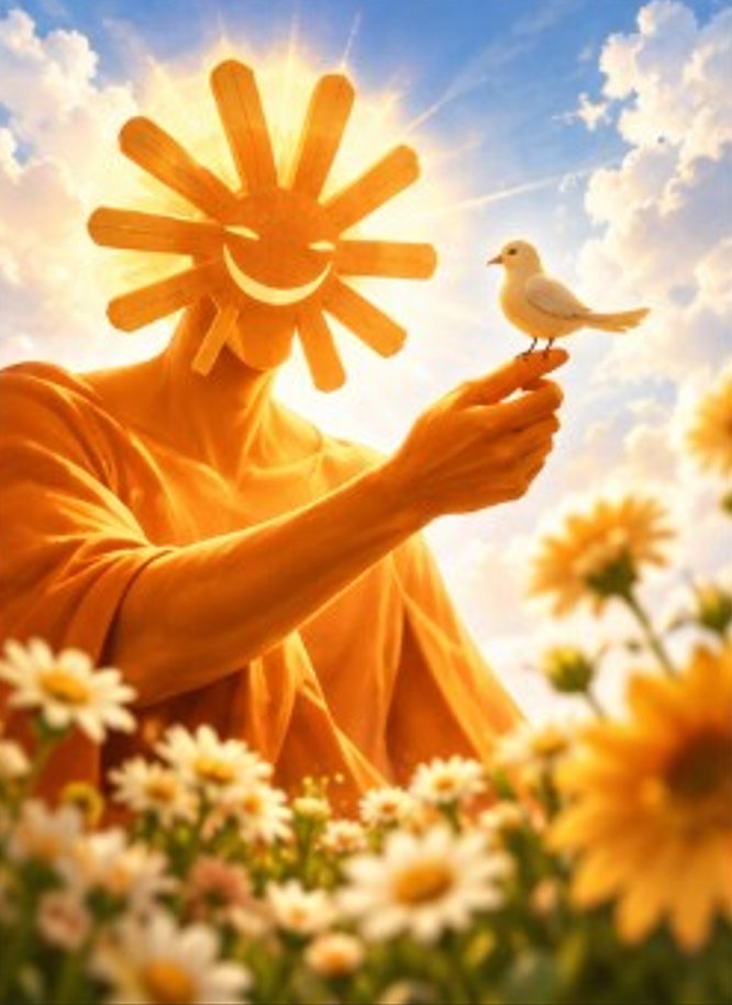 FRONTIER figure with a dove on one finger among daisies