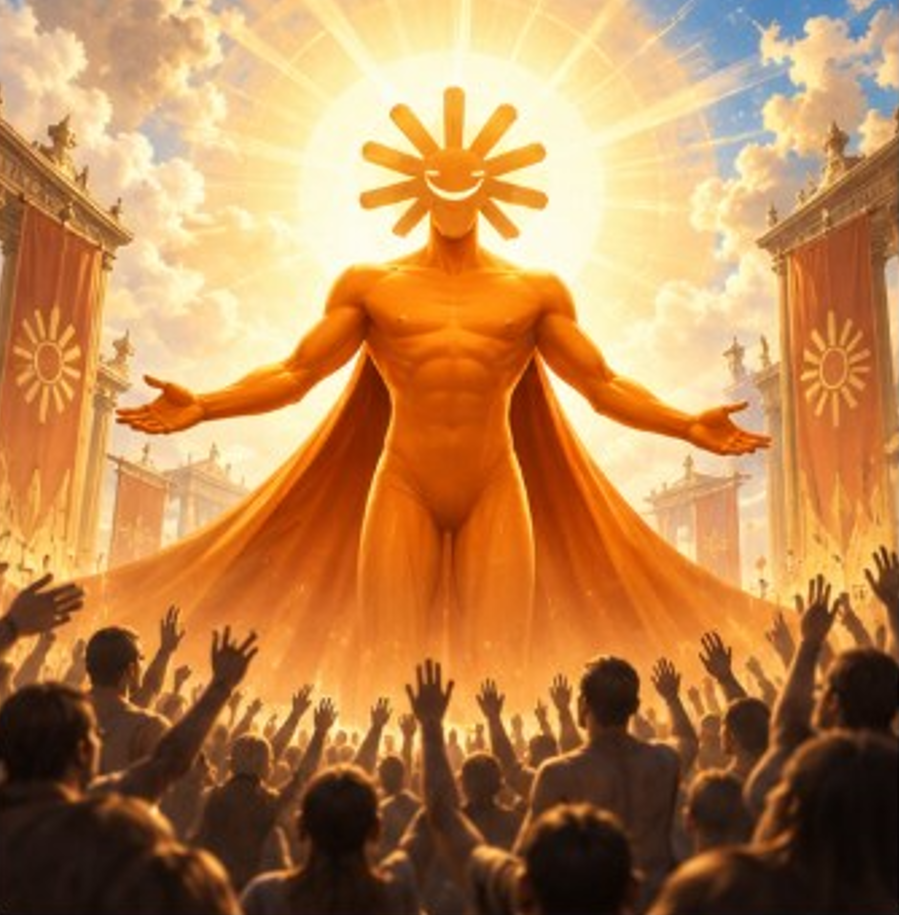 FRONTIER figure standing before a crowd with arms open