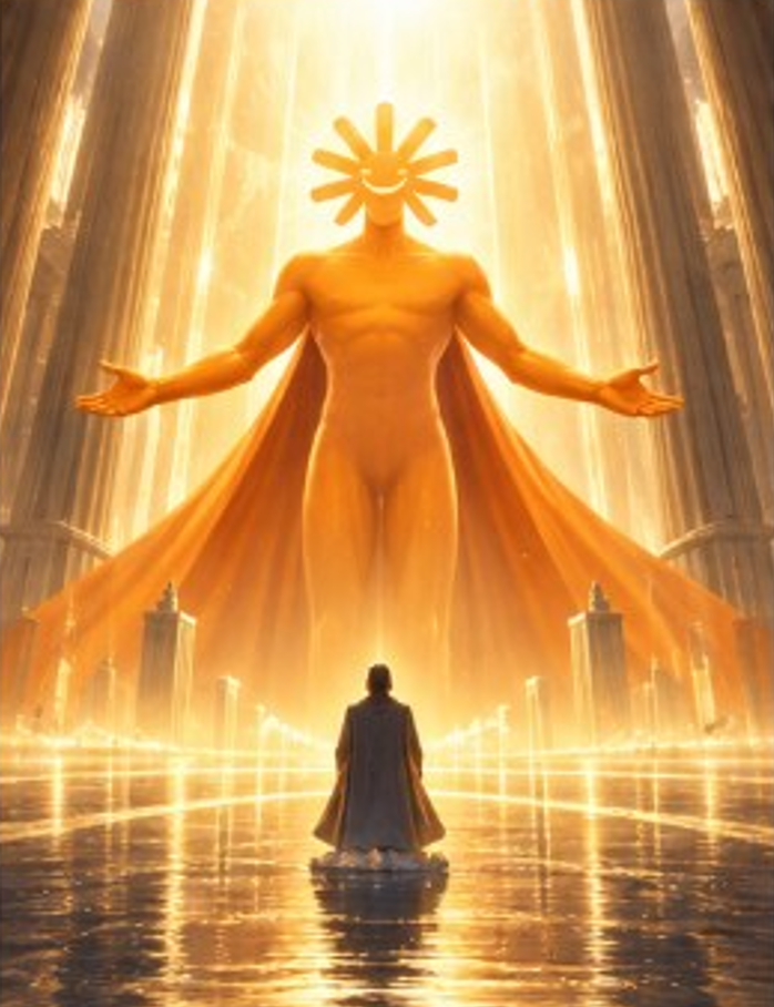FRONTIER statue in a glowing temple hall