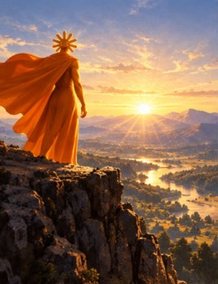FRONTIER figure standing on a cliff at sunset